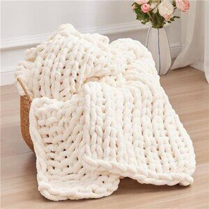 Chunky Knit Throw Blanket Cream Chenille Yarn Handmade Knitted Couch Bed Blanket